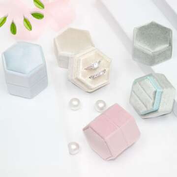 BLUTETE Hexagon Velvet Ring Box for Weddings Engagements