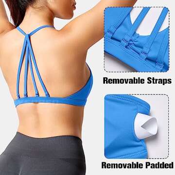YEOREO Workout Sports Bras for Women Padded Backless Gym Bra Lorelie Light Impact Strappy Criss Cross Yoga Crop Top Blue M