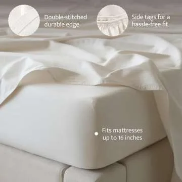 Double Stitch Organic Cotton Sheets Queen Size - Soft & Breathable Sheet Set 4 Piece, Luxury 300 TC Sateen Weave Bedding, 100% GOTS Certified Long Staple Cotton, Made in India, Coconut Milk
