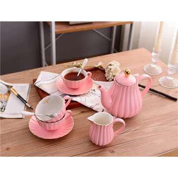 ENJOHOS 6 Oz Ceramic Tea Cup Coffee Cup Set British Royal Series Cups Saucer Sets Service for 4 with Teapot Sugar Bowl Cream Pitcher Teaspoons and tea strainer(Pink,4 Cups Set)