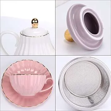ENJOHOS 6 Oz Ceramic Tea Cup Coffee Cup Set British Royal Series Cups Saucer Sets Service for 4 with Teapot Sugar Bowl Cream Pitcher Teaspoons and tea strainer(Pink,4 Cups Set)
