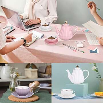 ENJOHOS 6 Oz Ceramic Tea Cup Coffee Cup Set British Royal Series Cups Saucer Sets Service for 4 with Teapot Sugar Bowl Cream Pitcher Teaspoons and tea strainer(Pink,4 Cups Set)