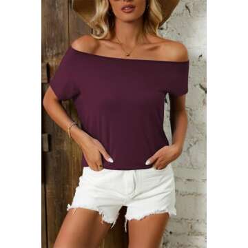 Halife Off Shoulder Cotton Summer Tops for Women Short Sleeve Stretchy Plain Tees Casual Soft Tshirt Womens Clothes Burgundy L