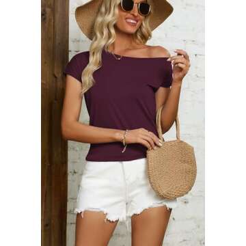 Halife Off Shoulder Cotton Summer Tops for Women Short Sleeve Stretchy Plain Tees Casual Soft Tshirt Womens Clothes Burgundy L