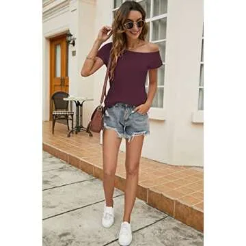 Halife Off Shoulder Cotton Summer Tops for Women Short Sleeve Stretchy Plain Tees Casual Soft Tshirt Womens Clothes Burgundy L