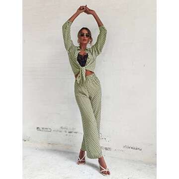 Trendy Floerns Women's 2 Piece Outfits Set Green Argyle