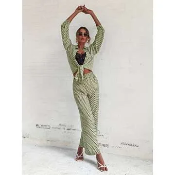 Trendy Floerns Women's 2 Piece Outfits Set Green Argyle