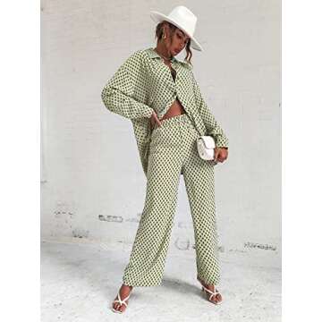 Trendy Floerns Women's 2 Piece Outfits Set Green Argyle