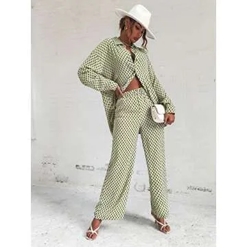 Trendy Floerns Women's 2 Piece Outfits Set Green Argyle