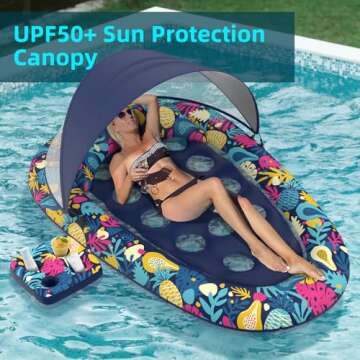 Sunikko X 3-in-1 Pool Floats Lounge, Inflatable Pool Floats for Adults with Canopy and Cup Holder, Hawaii Style