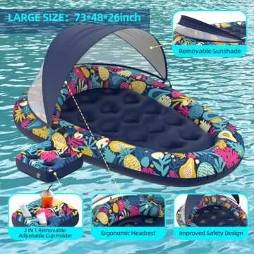 Sunikko X 3-in-1 Pool Floats Lounge, Inflatable Pool Floats for Adults with Canopy and Cup Holder, Hawaii Style