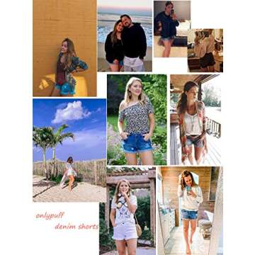 onlypuff Distressed Jean Shorts for Women Cut up Blue Jeans Elastic Waist Denim Shorts Cute M，。