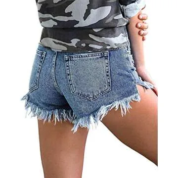 onlypuff Distressed Jean Shorts for Women Cut up Blue Jeans Elastic Waist Denim Shorts Cute M，。