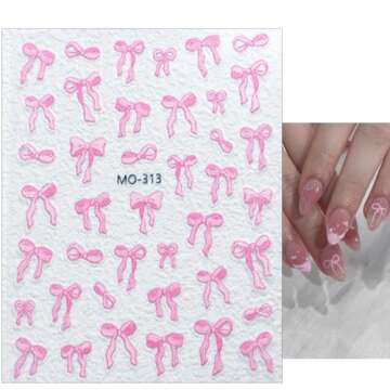 3sheets 5D Embossed Bow Nail Stickers for Nail Art Self-Adhesive Bow Nail Decals White Pink Bow Nail...