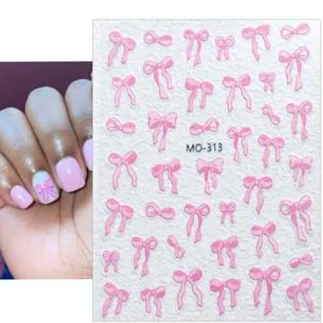 3sheets 5D Embossed Bow Nail Stickers for Nail Art Self-Adhesive Bow Nail Decals White Pink Bow Nail Art Stickers Design Cute Bow Nail Art Supplies for Women Girls