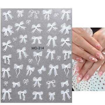 3sheets 5D Embossed Bow Nail Stickers for Nail Art Self-Adhesive Bow Nail Decals White Pink Bow Nail Art Stickers Design Cute Bow Nail Art Supplies for Women Girls