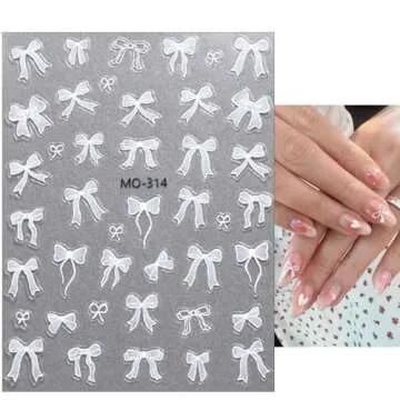 3sheets 5D Embossed Bow Nail Stickers for Nail Art Self-Adhesive Bow Nail Decals White Pink Bow Nail Art Stickers Design Cute Bow Nail Art Supplies for Women Girls