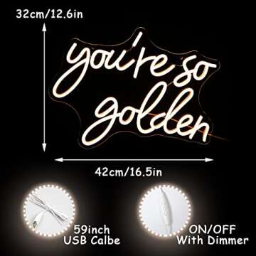 Alkkign “You're So Golden” Neon Sign Warm Neon Signs Dimmable Letter Neon Lights for Wall Decor USB Powered with Switch for Wedding, Engagement Birthday Party Bar Pub Club
