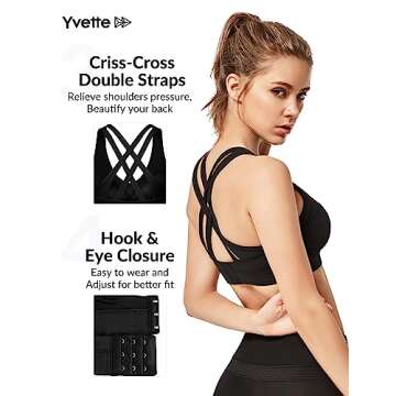 Yvette Women High Impact Sports Bras Criss Cross Back Sexy Running Bra for Plus Size, Black, XL(AC)