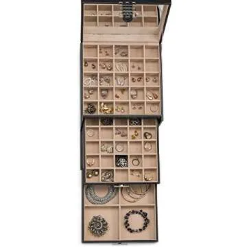 Glenor Co Earring Organizer Holder - 50 Small & 4 Large Slots Classic Jewelry box with Drawer & Modern Closure, Mirror, 3 Trays for Earrings, Ring or Chain Storage - PU Leather Case - Black