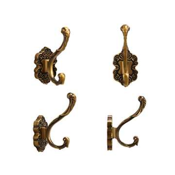 SDH Antique Brass Coat Hooks Wall Mounted -Vintage Style Wall Hooks for Hanging Purse, Hat, Keys & Clothes - Heavy Duty Bathroom Hooks for Towels - Pack of 2