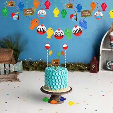 JeVenis Ofishally One Decoration The Big One Banner Gone Fishing Cake Topper Fishing Party Decor Fish Hanging Swirl Decorations The Big One Party Decoration