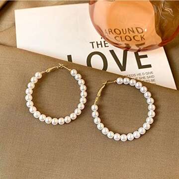 Pearl Hoop Earrings for Women Fashion Dangle Hypoallergenic Earrings Drop Dangle Earrings Gifts for Women 50mm Hoop