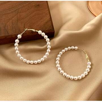 Pearl Hoop Earrings for Women Fashion Dangle Hypoallergenic Earrings Drop Dangle Earrings Gifts for Women 50mm Hoop
