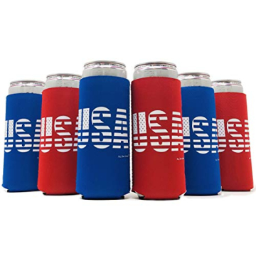 USA American Flag Red White and Blue Theme Slim Skinny Can Neoprene Cooler Sleeve - 6 Pack - Beer Se...