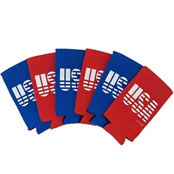 USA American Flag Red White and Blue Theme Slim Skinny Can Neoprene Cooler Sleeve - 6 Pack - Beer Seltzer Labor Day Decorations, Military Merica Patriotic Party Ideas Fun Flair