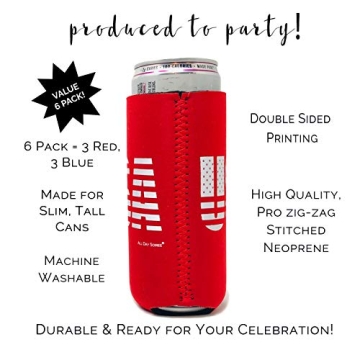 USA American Flag Red White and Blue Theme Slim Skinny Can Neoprene Cooler Sleeve - 6 Pack - Beer Seltzer Labor Day Decorations, Military Merica Patriotic Party Ideas Fun Flair