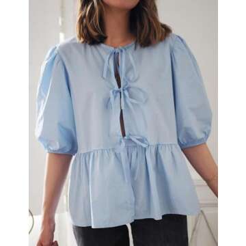 Yimoon Women's Y2K Puff Short Sleeve Peplum Shirt Tie Front Ruffle Hem Babydoll Blouse Cute Teen Gir...