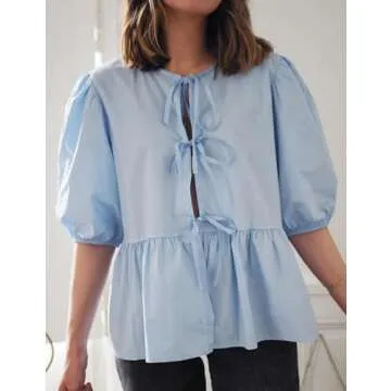 Yimoon Women's Y2K Puff Short Sleeve Peplum Shirt Tie Front Ruffle Hem Babydoll Blouse Cute Teen Gir...