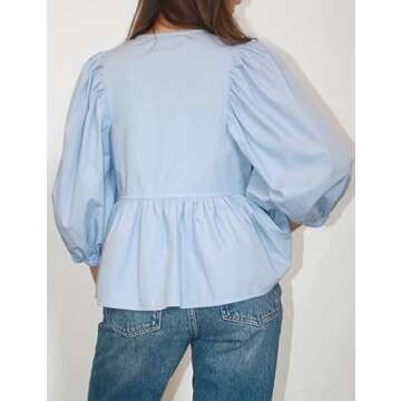 Yimoon Women's Y2K Puff Short Sleeve Peplum Shirt Tie Front Ruffle Hem Babydoll Blouse Cute Teen Girls Summer Tops(Blue-S)