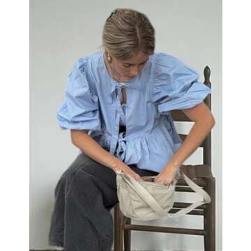 Yimoon Women's Y2K Puff Short Sleeve Peplum Shirt Tie Front Ruffle Hem Babydoll Blouse Cute Teen Girls Summer Tops(Blue-S)