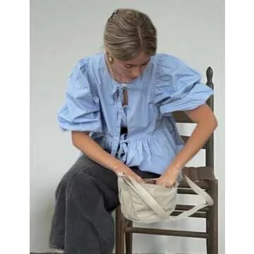 Yimoon Women's Y2K Puff Short Sleeve Peplum Shirt Tie Front Ruffle Hem Babydoll Blouse Cute Teen Girls Summer Tops(Blue-S)