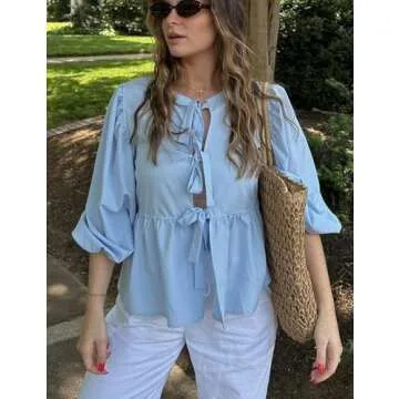 Yimoon Women's Y2K Puff Short Sleeve Peplum Shirt Tie Front Ruffle Hem Babydoll Blouse Cute Teen Girls Summer Tops(Blue-S)