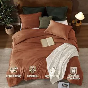 Burnt Orange Queen Size Comforter Sets, 3 Pieces Microsuede-Like Bedding Comforter Sets, Terracotta Queen Bedding Sets for All Seasons,1 Fluffy Comforter (90"x90") and 2 Pillowcases (20"x26"+2")