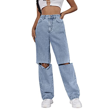 SweatyRocks Women's Ripped Straight Leg Jeans High Waist Distressed Cutout Denim Pants Light Wash Bl...