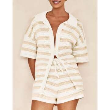 PRETTYGARDEN Women's 2 Piece Shorts Sets Casual Summer 2025 Short Sleeve Striped Sweater Set Matching Beach Vacation Outfit (Apricot,Medium)