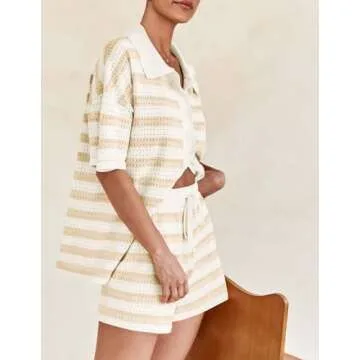 PRETTYGARDEN Women's 2 Piece Shorts Sets Casual Summer 2025 Short Sleeve Striped Sweater Set Matching Beach Vacation Outfit (Apricot,Medium)