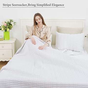 PHF Seersucker Quilt Set Full/Queen Size, Drop Nicely, 3PCS Washed Soft Bedspread, Modern Stylish for All Season, 1 Lightweight Textured Stripe Coverlet and 2 Pillow Cases, White