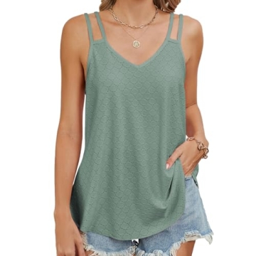 koiqzlv Summer Womens Tank Tops Sleeveless Eyelet Embroidery V Neck Loose Fit Casual Dark Green