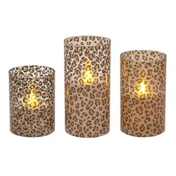 Mark Feldstein & Associates Wild Leopard Animal Print Flameless LED Glass Pillar Candles, Set of 3, 6 Inch