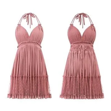 R.Vivimos Womens Summer Halter Deep V Neck Sexy Patchwork Mini Short Dresses