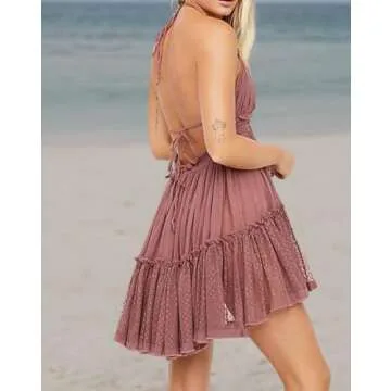 R.Vivimos Womens Summer Halter Deep V Neck Sexy Patchwork Mini Short Dresses