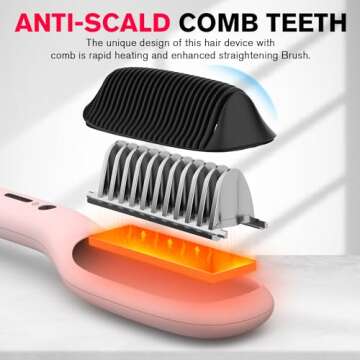 MiroPure Hair Straightener Brush, 10.3 inches x 2.3 inches, Pink, Ceramic, Hair Straightening Comb with 5 Heat Settings, 30s Fast Heat-up, Dual Voltage, PTC Heating, Auto Shut-off, for Silky Hair