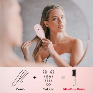 MiroPure Hair Straightener Brush, 10.3 inches x 2.3 inches, Pink, Ceramic, Hair Straightening Comb with 5 Heat Settings, 30s Fast Heat-up, Dual Voltage, PTC Heating, Auto Shut-off, for Silky Hair