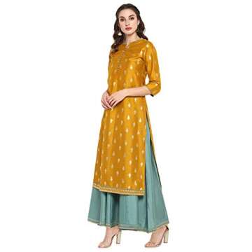 Janasya Indian Women's Mustard Embellished Maxi Ethnic Dress for Women