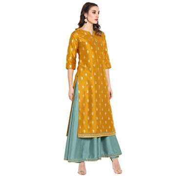 Janasya Indian Women's Mustard Embellished Maxi Ethnic Dress for Women